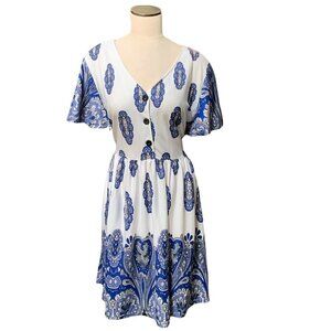 REBORN Dresss White and Blue Floral Plus Sz 1X Button Front Short Sleeve 188E